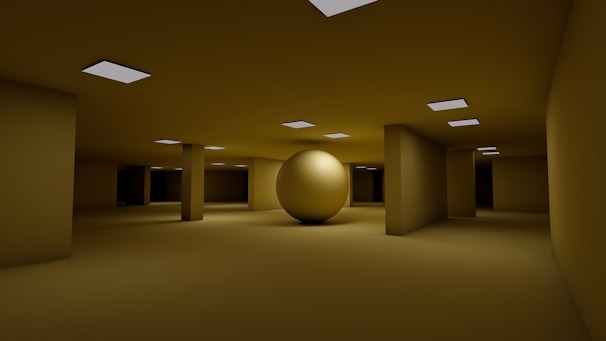 A dimly lit, monochromatic room featuring a large, central spherical object. The room is spacious with multiple supportive columns and a series of rectangular ceiling lights that provide soft illumination. The environment has an eerie and surreal quality due to its uniform color and minimalistic design.