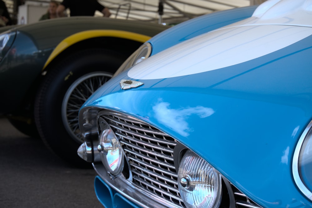 a close up of a blue car