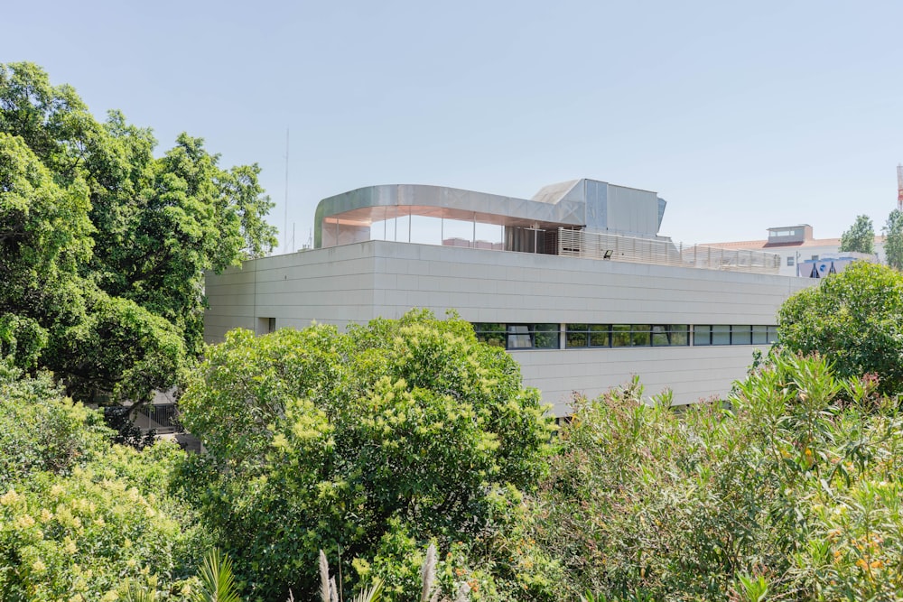 a building with trees around it