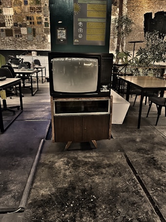 A vintage television set is prominently displayed in a dimly lit industrial space with exposed brick walls. The area features a mix of modern and rustic elements, including various tables and chairs, plants, and wall decor that includes informational posters and a QR code. The floor appears worn, adding to the retro and nostalgic atmosphere.