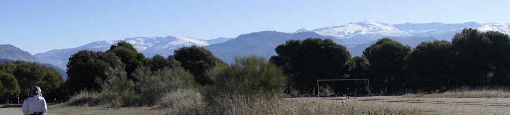 a person sitting on a bench in a field with trees and mountains in the background