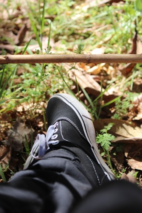 A close-up of worn running shoes resting on a sunlit trail surrounded by autumn leaves.