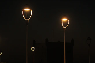 Rows of LED streetlights lining a city avenue under a starry night sky.