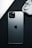 A silver smartphone with the Apple logo prominently displayed is placed against a dark background. Next to it, white wireless earbuds are partially visible in their open charging case.