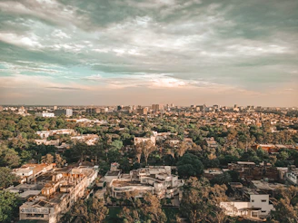 Rooftop view showing a cityscape with a mix of commercial buildings and green spaces.