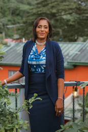 a woman in a blue dress