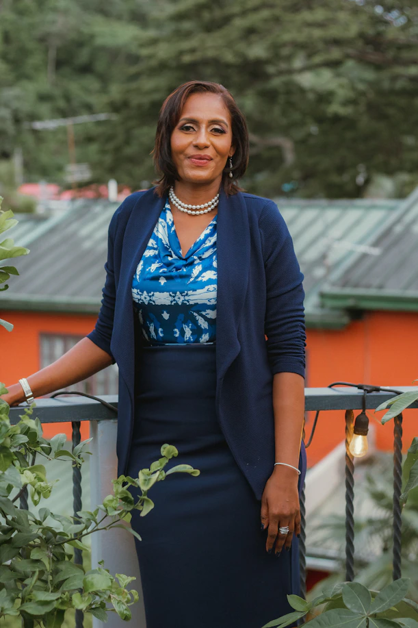 a woman in a blue dress