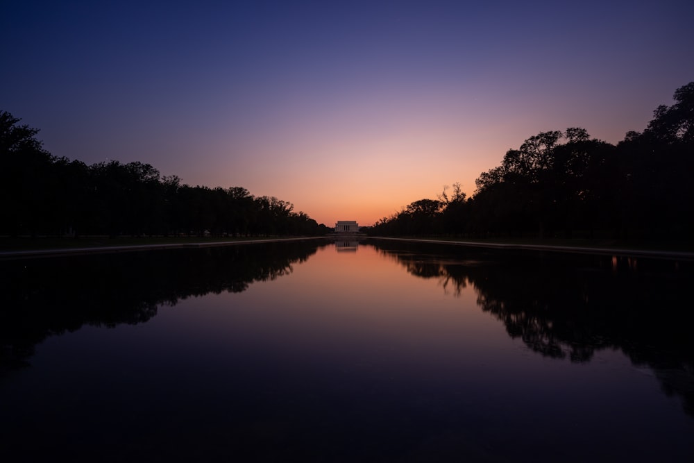 a body of water with trees around it