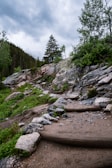 A scenic hiking trail with rocky steps winds through lush greenery and leads up a wooded hill. The sky is overcast with thick clouds, creating a serene and peaceful atmosphere. Trees and shrubs surround the path, adding depth and color to the landscape.
