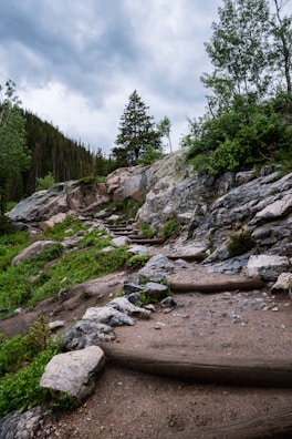 A scenic hiking trail with rocky steps winds through lush greenery and leads up a wooded hill. The sky is overcast with thick clouds, creating a serene and peaceful atmosphere. Trees and shrubs surround the path, adding depth and color to the landscape.