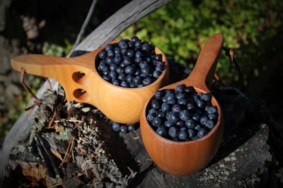 Two wooden cups filled with ripe blueberries are placed on a rustic tree stump surrounded by natural foliage. The cups have handles with rounded holes, showcasing a handcrafted design.