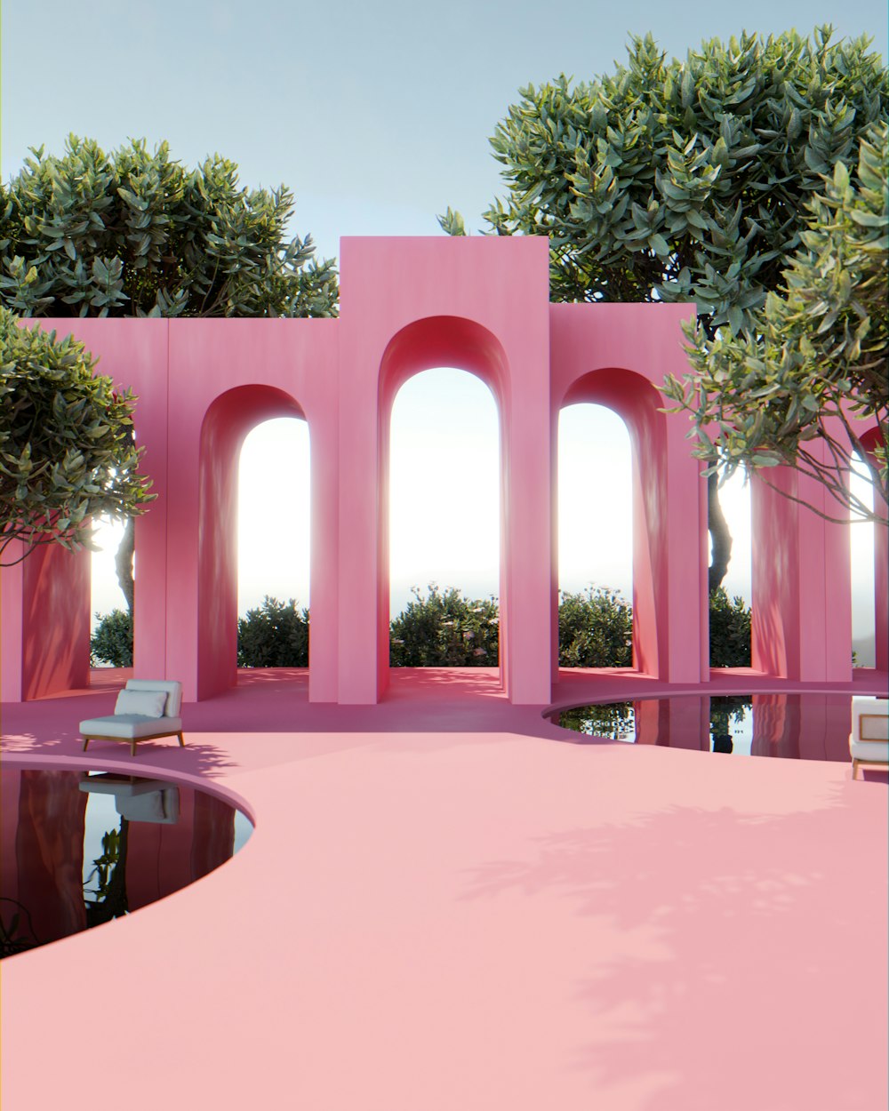 a pink building with a pool