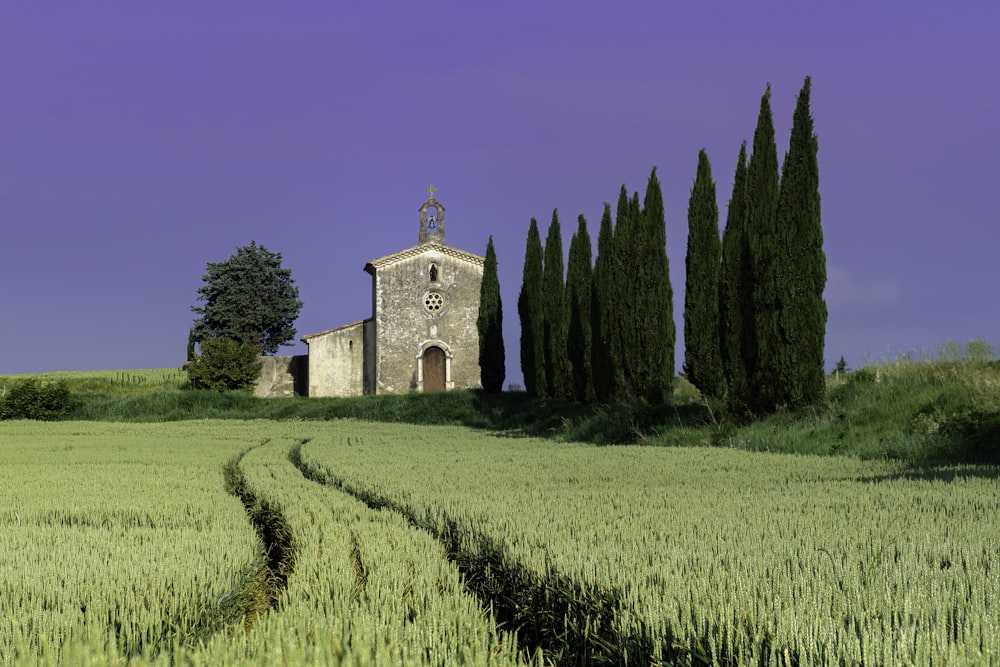 a building with a clock tower in a field of grass