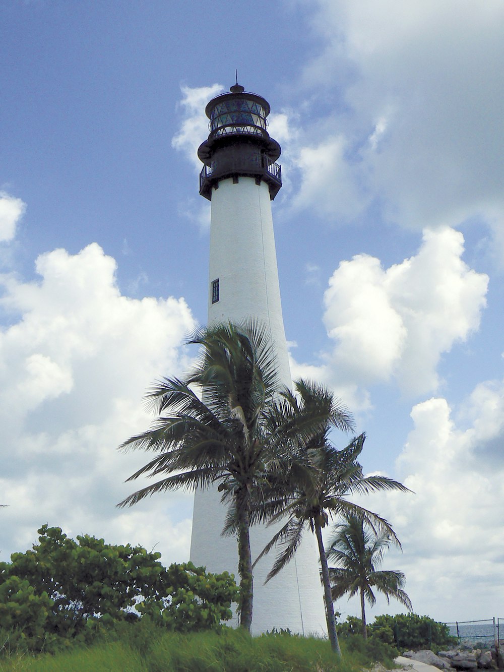 uma torre branca alta com um topo pontiagudo e palmeiras na frente dela