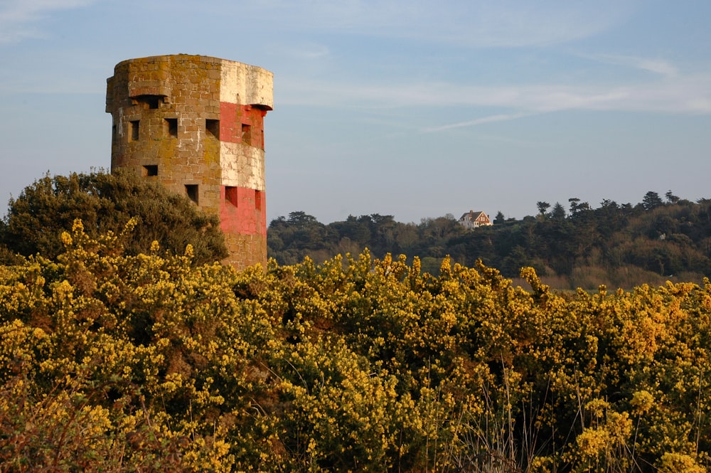 a large tower in a field of yellow flowers