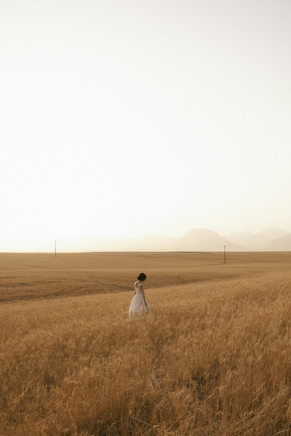 a person in a white dress standing in a field of tall grass