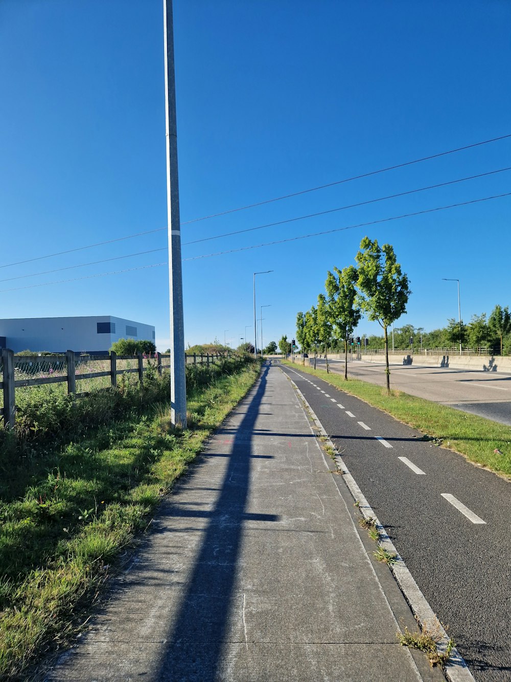 a road with a pole and trees on the side