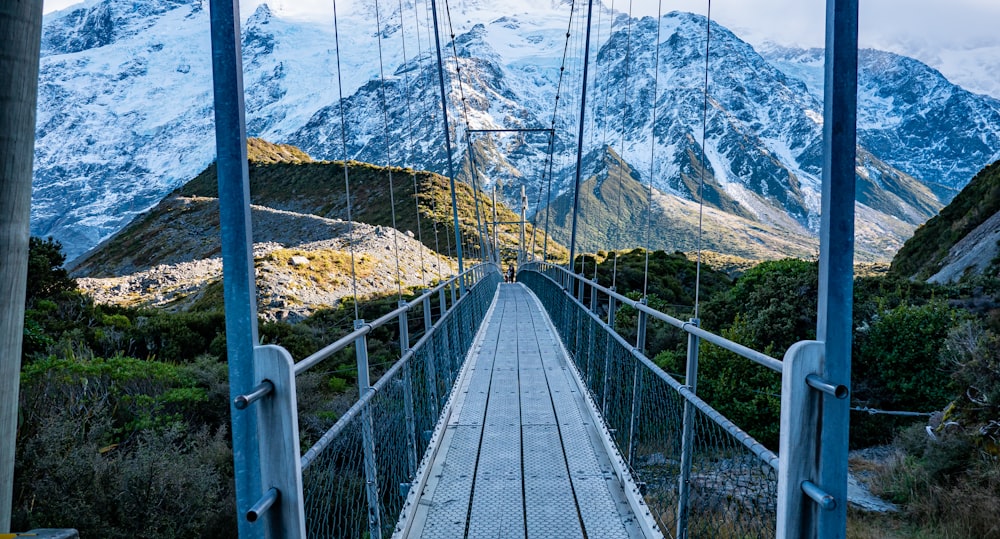 a bridge with cables going over a mountain range