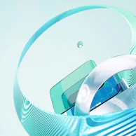 Abstract geometric shapes in celeste and white floating over a dark background, symbolizing innovation.