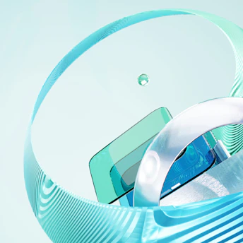 Abstract geometric shapes in teal and blue symbolizing certification and trust.