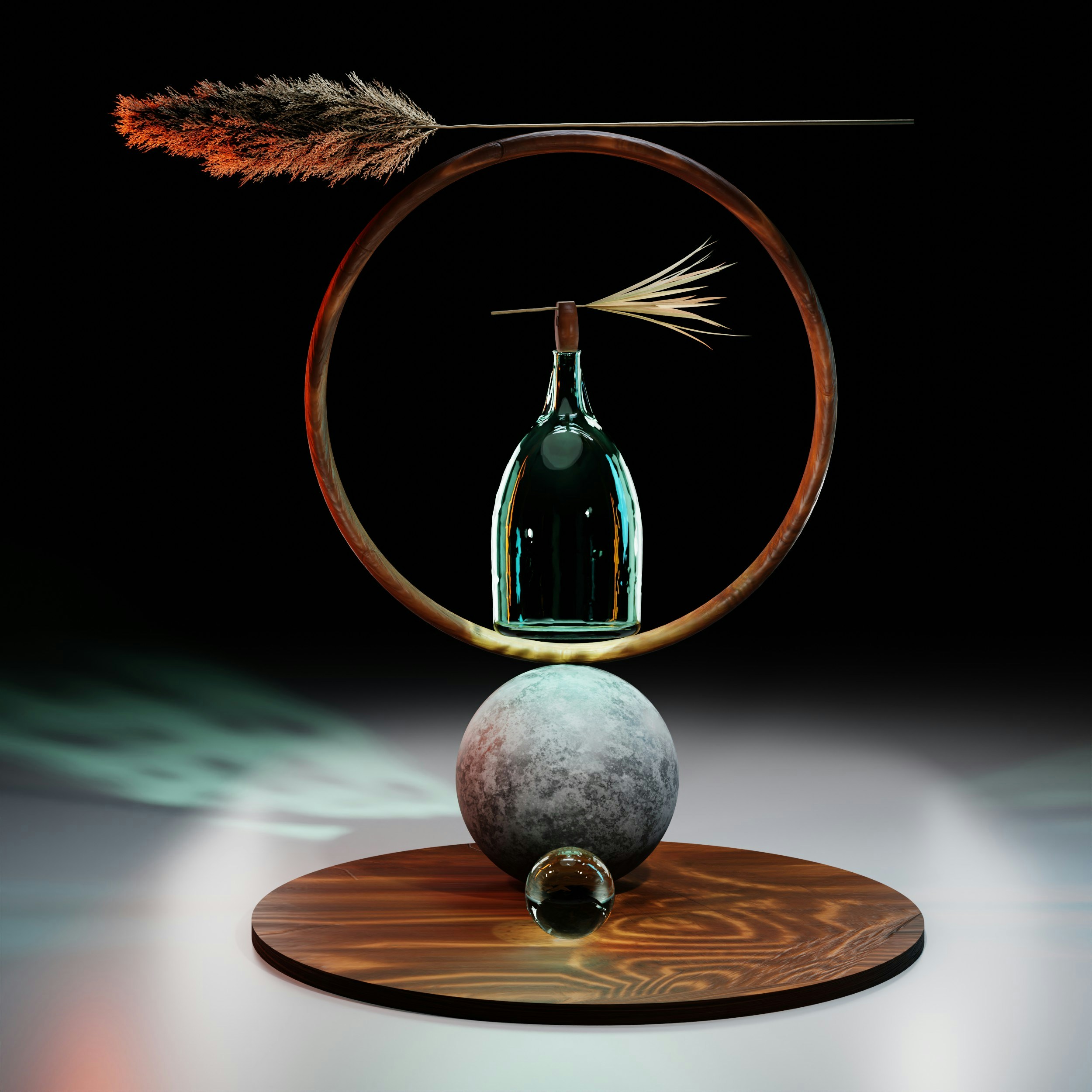 a glass vase and a rock on a table