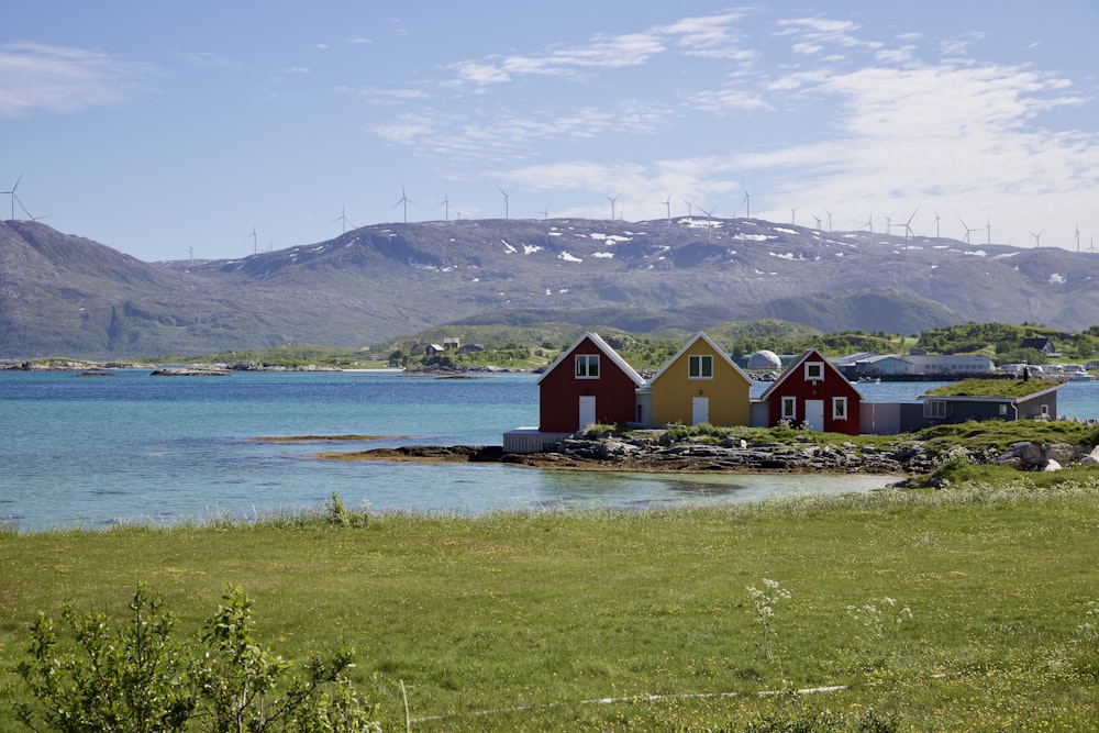 a group of houses by a body of water