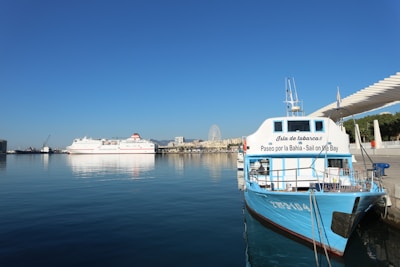 A serene harbor scene features a bright blue tour boat docked beside the pier. In the background, a large white cruise ship is visible on calm, reflective water. The distant skyline shows a Ferris wheel and several buildings under a clear blue sky.