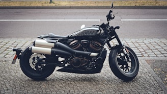 A sleek black motorcycle with metallic accents is parked on a cobblestone pavement beside a street. The motorcycle features prominent exhaust pipes and a modern design, suggesting its suitability for urban environments. The background includes a glimpse of the road and a patch of grass, adding an urban context to the setting.