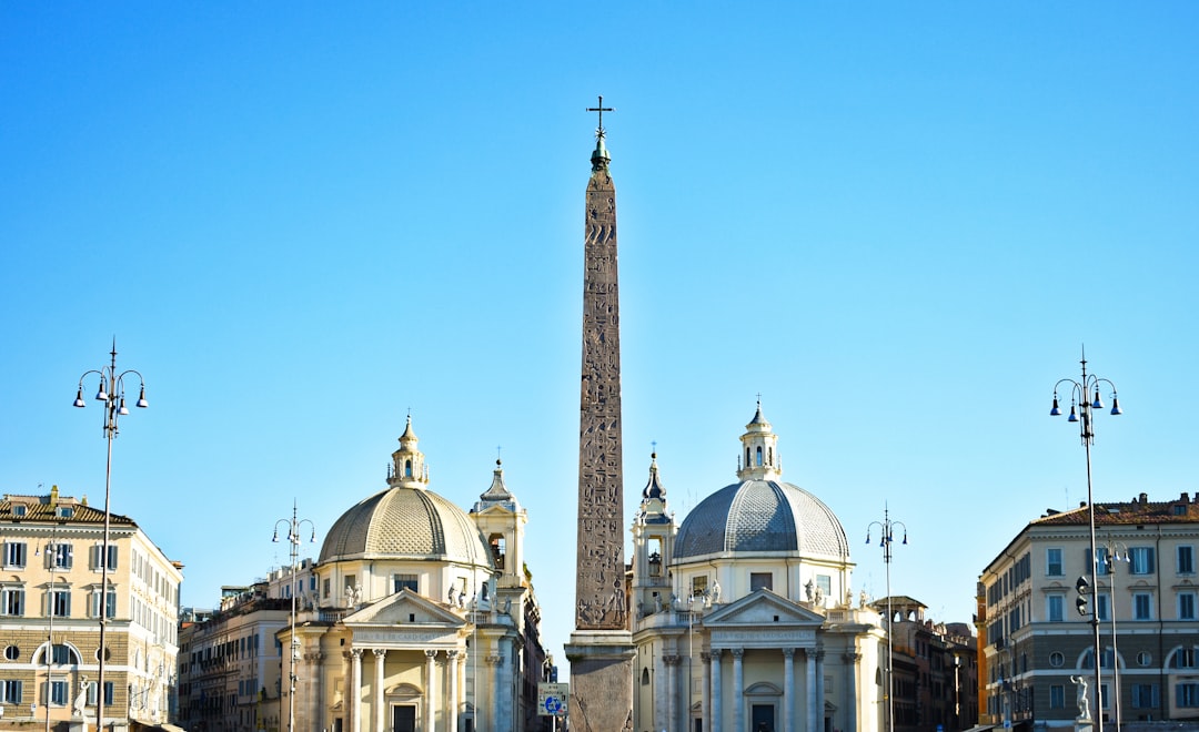 a large building with a tall tower, Flaminius Obelisk @Piazza del Popolo