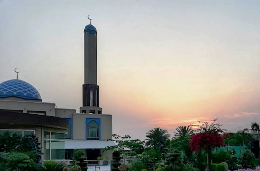 A serene mosque under construction surrounded by lush greenery at sunrise.