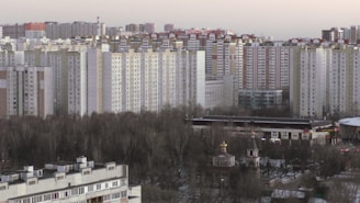 High-rise residential buildings dominate the urban skyline, with rows of identical apartment blocks. The foreground features a park with bare trees, suggesting a winter or early spring setting. A smaller traditional-style structure with a domed roof is nestled among the trees.