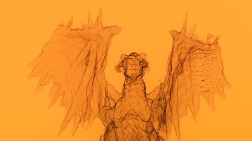 A wireframe depiction of a dragon-like creature with large outstretched wings. The details focus on a mesh texture, creating an abstract and artistic effect. The background is a solid orange color that highlights the intricate lines and structure of the creature.
