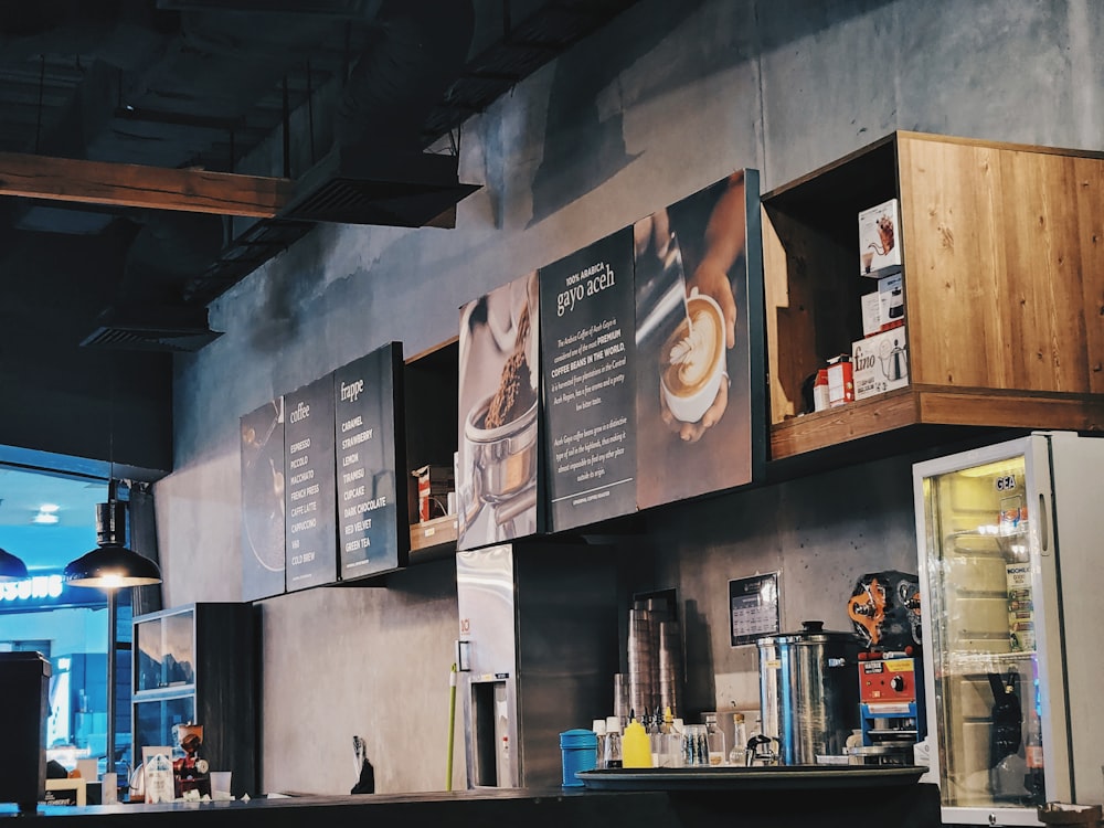 a kitchen with a menu