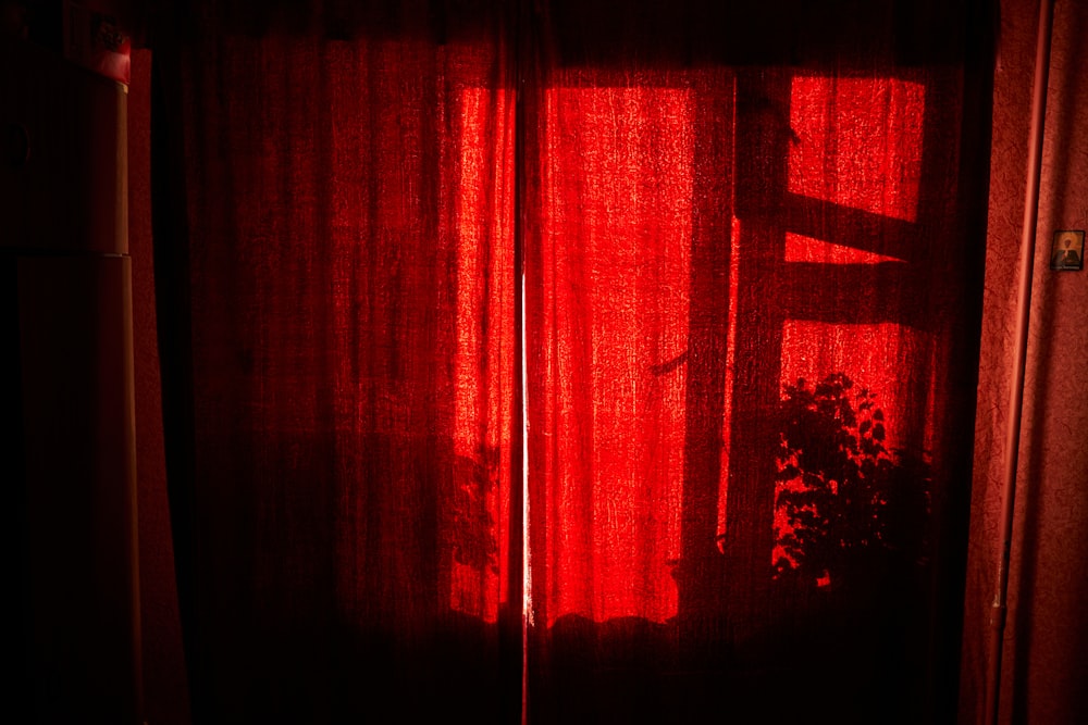 a red curtain with a tree