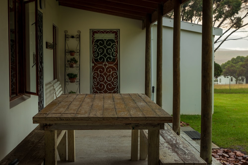 a wooden table in a wooden cabin