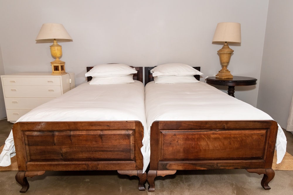 a bed with a wooden headboard