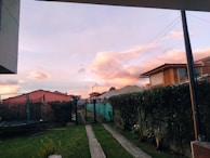 A sunset view of a trampoline surrounded by lush green grass and flowers.