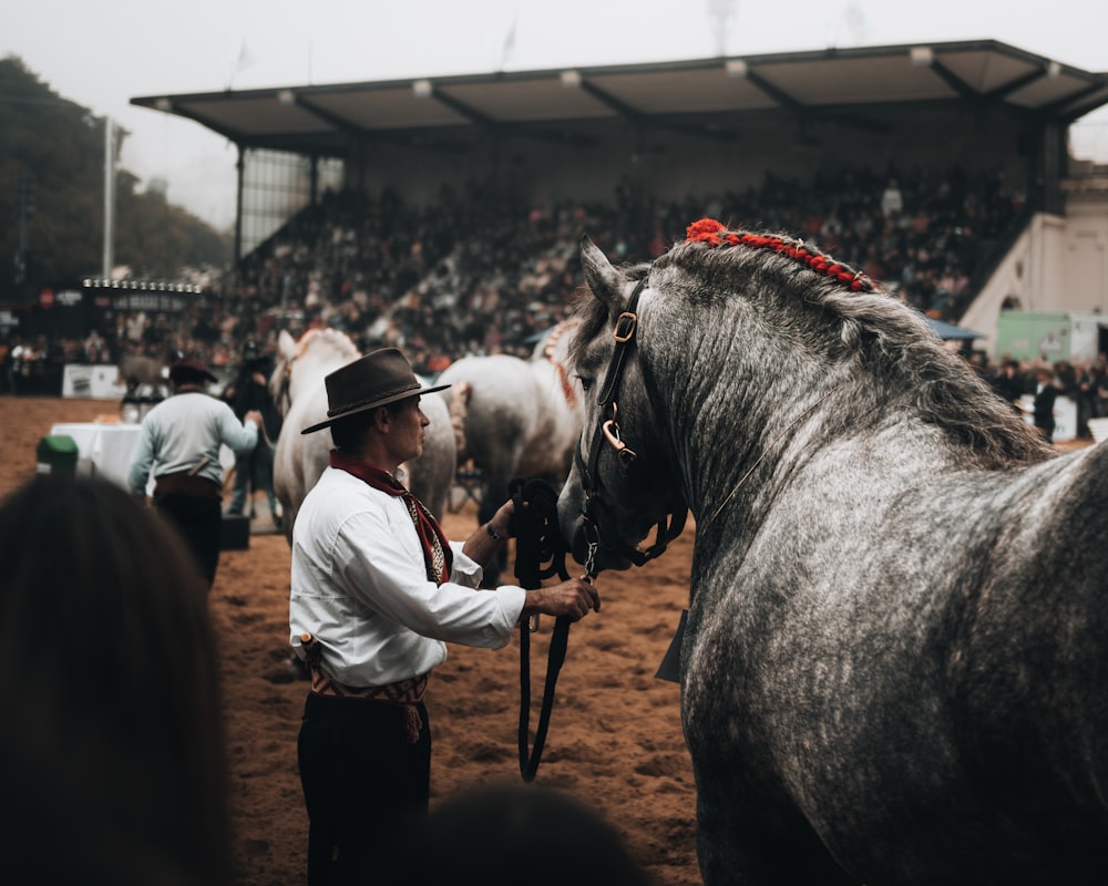 a man stands next to a horse