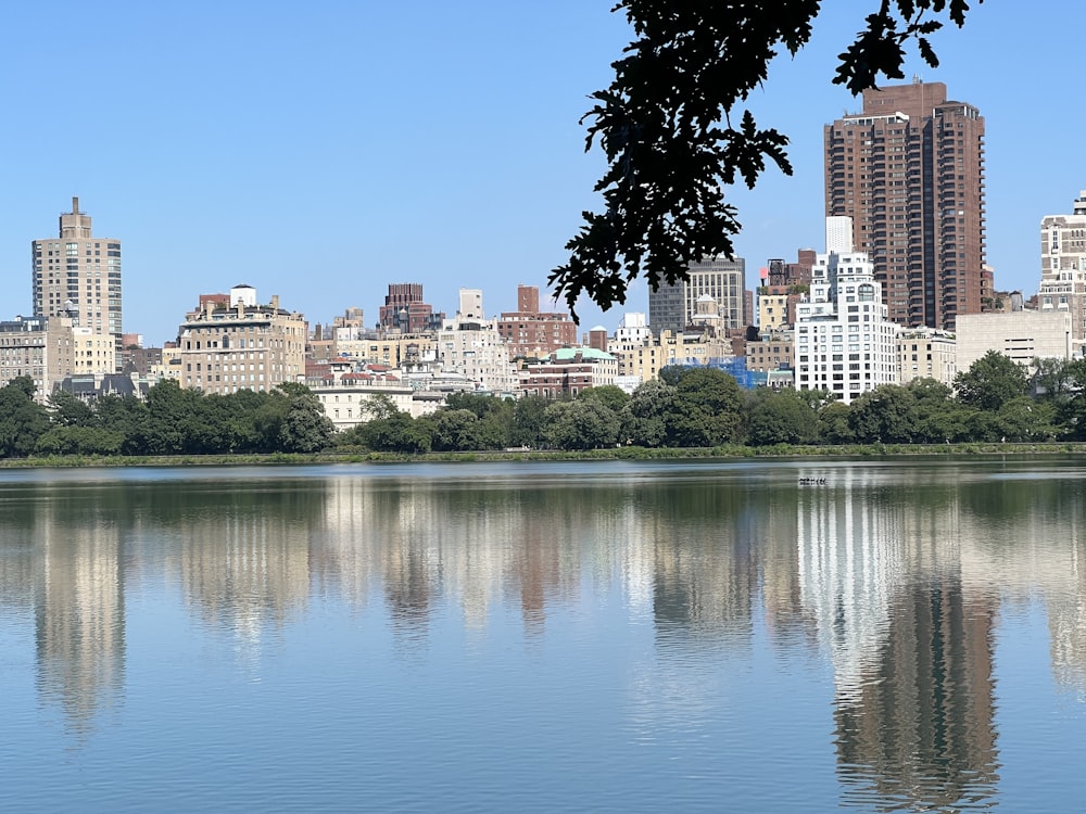 a body of water with buildings in the background