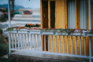 A wooden balcony with white railings is adorned with lush green vines and small red flowers. Beyond the balcony, there are blurred views of rooftops and rolling hills under a cloudy sky, creating a cozy and tranquil setting.