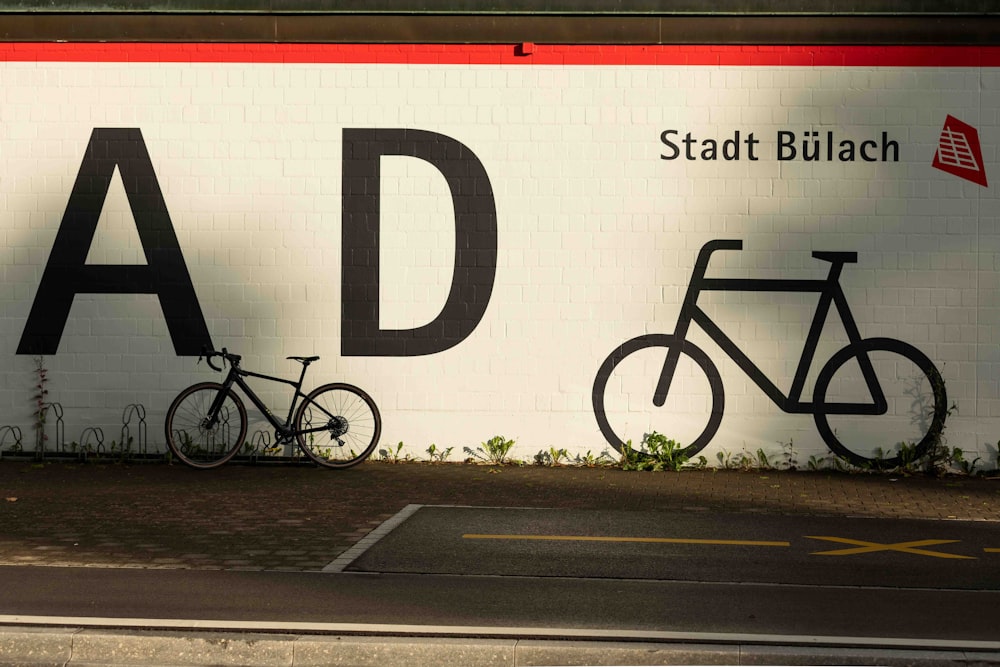 a wall with a sign and bikes on it