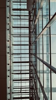 The image features a modern architectural structure with a grid-like pattern of glass windows framed by metal beams. The perspective looks upwards, capturing the symmetrical lines and geometric shapes. Soft natural light filters through the translucent panes, casting shadows and creating a serene atmosphere.