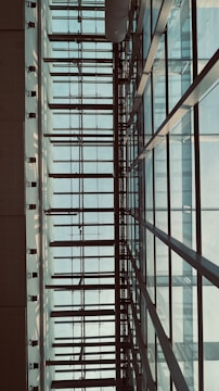 The image features a modern architectural structure with a grid-like pattern of glass windows framed by metal beams. The perspective looks upwards, capturing the symmetrical lines and geometric shapes. Soft natural light filters through the translucent panes, casting shadows and creating a serene atmosphere.