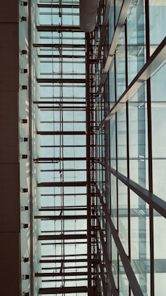 The image features a modern architectural structure with a grid-like pattern of glass windows framed by metal beams. The perspective looks upwards, capturing the symmetrical lines and geometric shapes. Soft natural light filters through the translucent panes, casting shadows and creating a serene atmosphere.