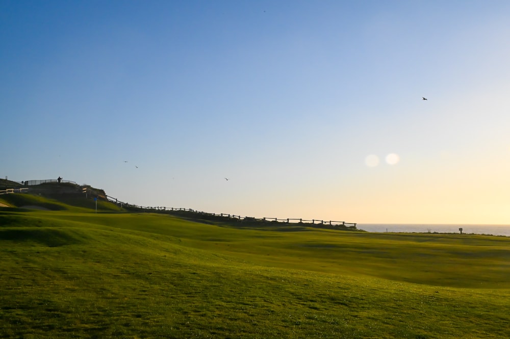 a grassy field with a body of water in the background