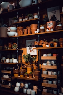 A collection of shelves filled with various types of plant pots and planters, featuring both terracotta and ceramic styles. The arrangement includes an array of sizes and designs, with some pots placed inside each other. Small potted plants and succulents are interspersed among the pots, adding greenery to the scene. The lighting creates a warm atmosphere, highlighting the rich tones of the pottery.