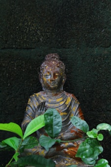 a statue of a person with a crown and a plant