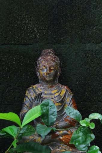 a statue of a person with a crown and a plant