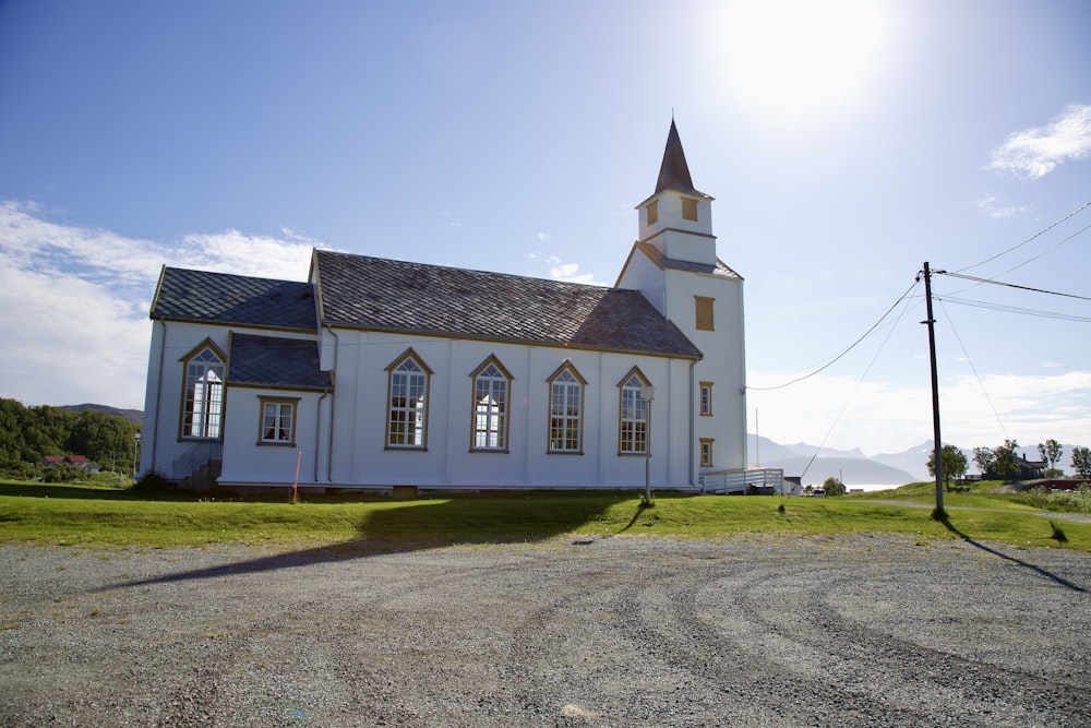 a white building with a tower