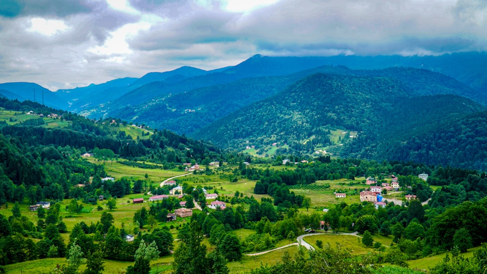 a town in the valley between mountains